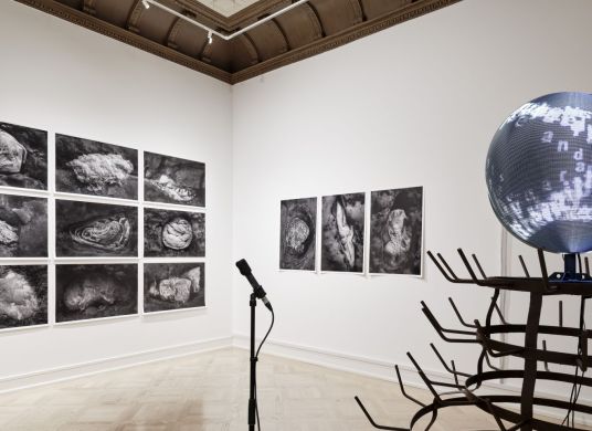 Ausstellungsraum mit weißen Wänden, an denen Schwarz-Weiß-Fotografien hängen, in der Mitte ein Mikrophon und seitlich rechts ein Schwarz-Weißes Objekt