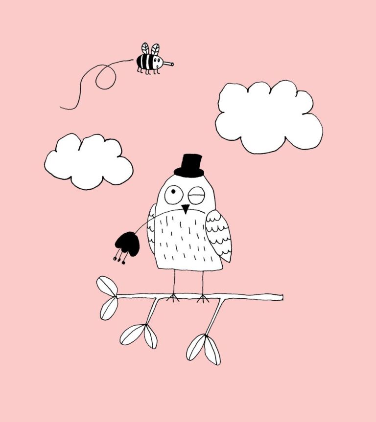 Zeichnung eines Hundes mit Pulli auf rosa Hintergrund, der einem fliegenden Luftballon nachschaut