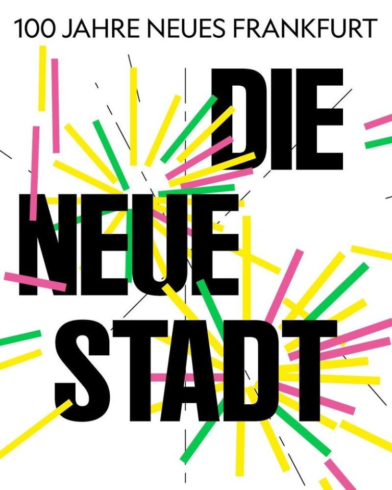 Text "DIE NEUE STADT" mit gelben, grünen und pinken Linien, die wie ein angedeutetes Feuerwerk wirken
